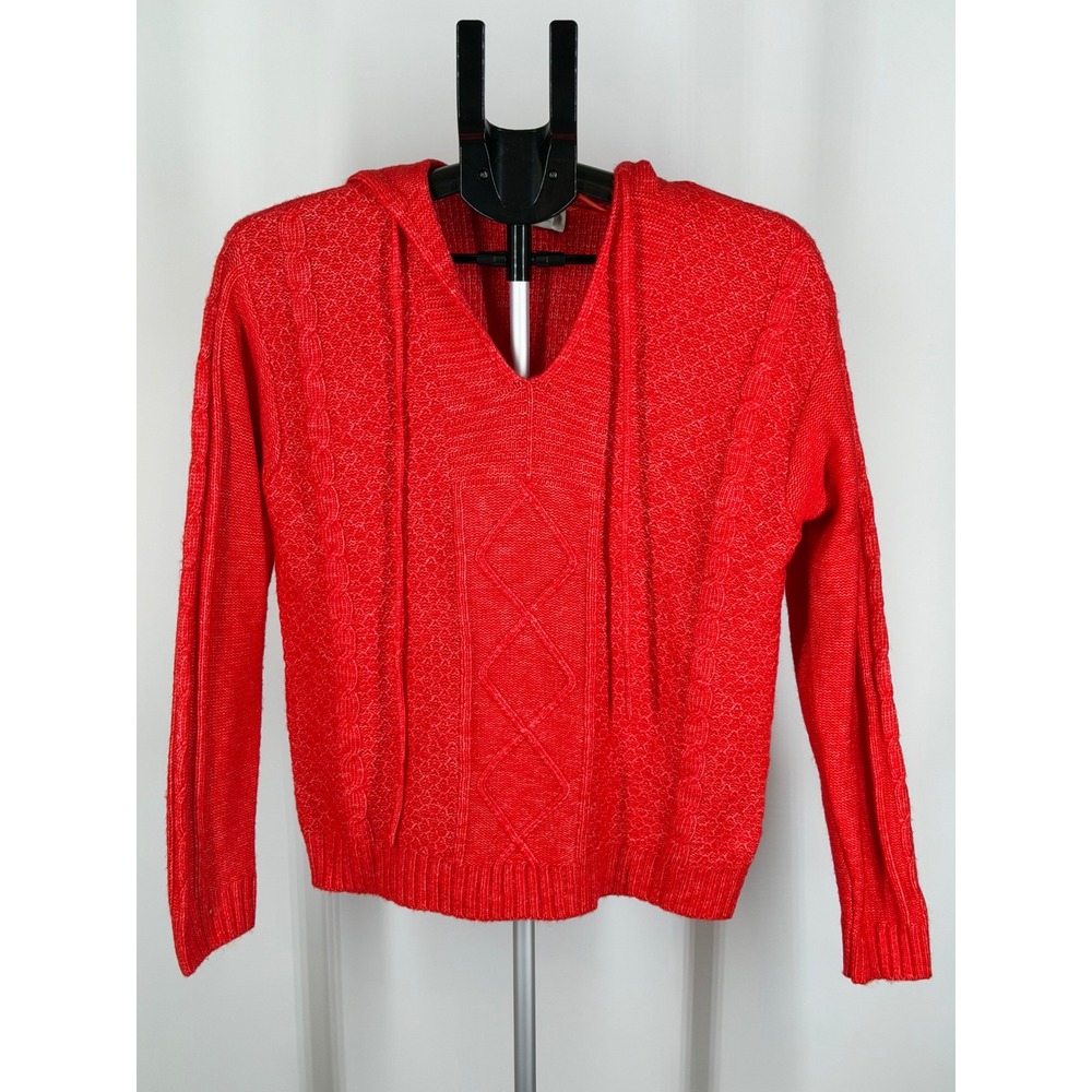 St Johns Bay Red Cable Knit Hooded Sweater Womens Small V-Neck Pullover Hoodie
